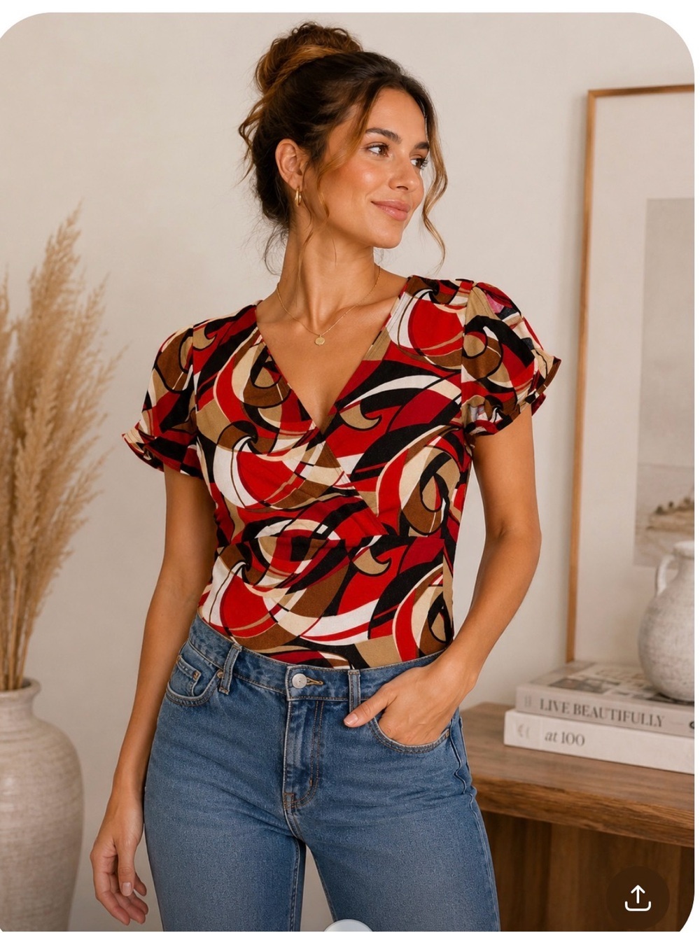 ABYER Abstract Geometric Print Wrap Top Red Black Beige Flutter Sleeve Blouse